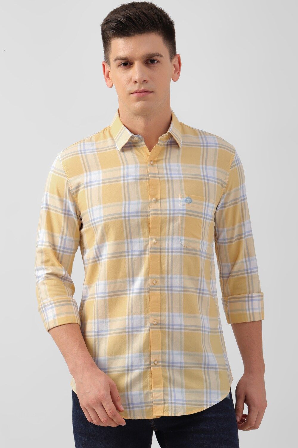Men Yellow Super Slim Fit Check Full Sleeves Casual Shirt