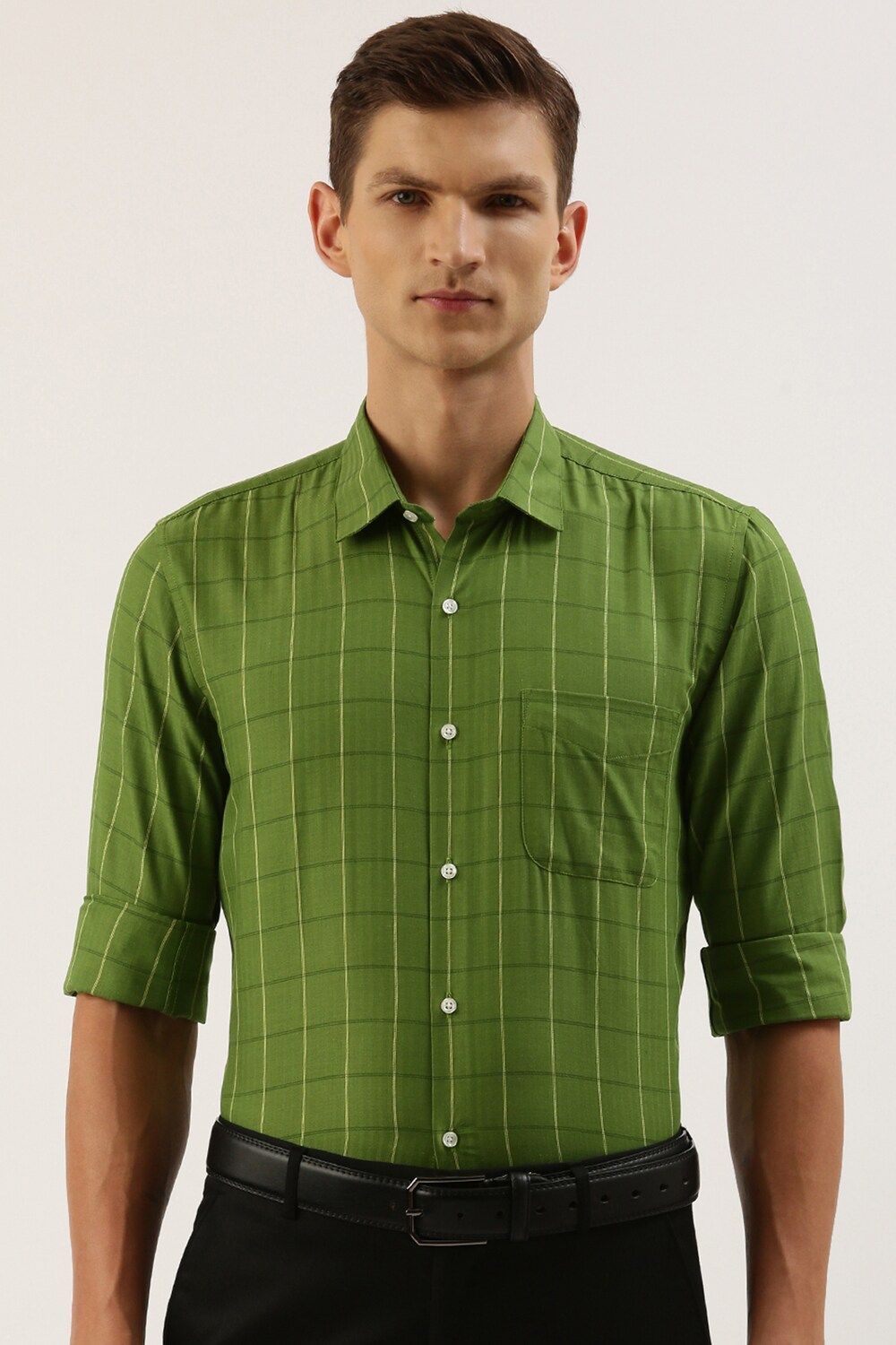 Men Green Regular Fit Formal Full Sleeves Formal Shirt