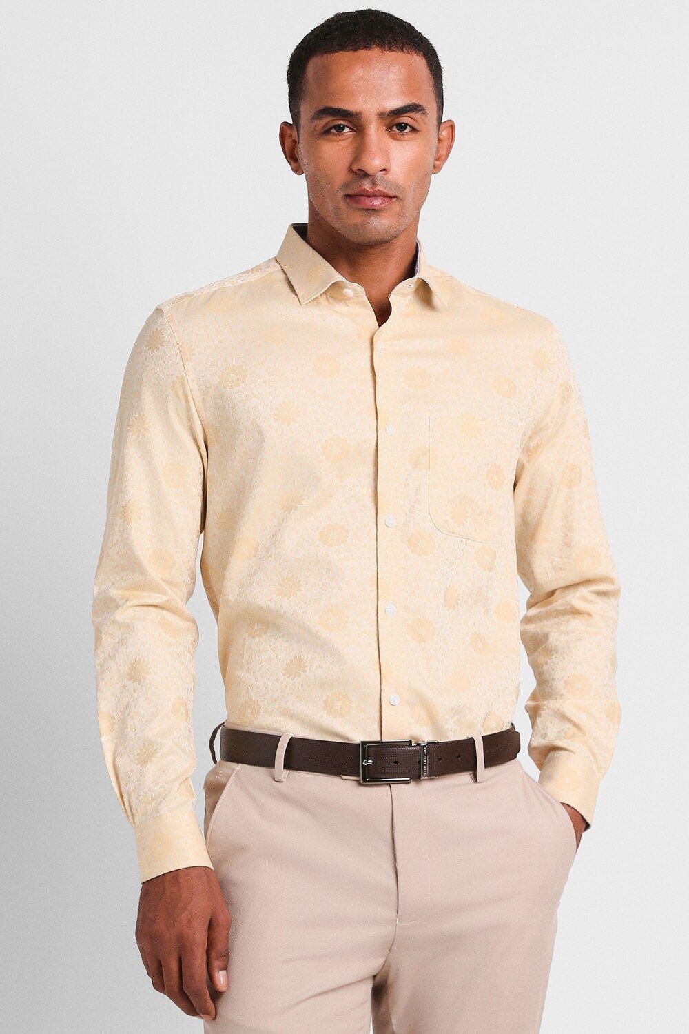 Men Beige Slim Fit Formal Full Sleeves Formal Shirt