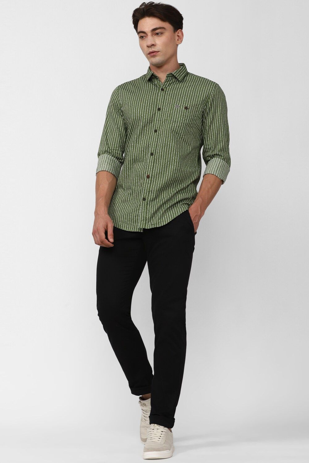 Men Olive Super Slim Fit Stripe Full Sleeves Casual Shirt