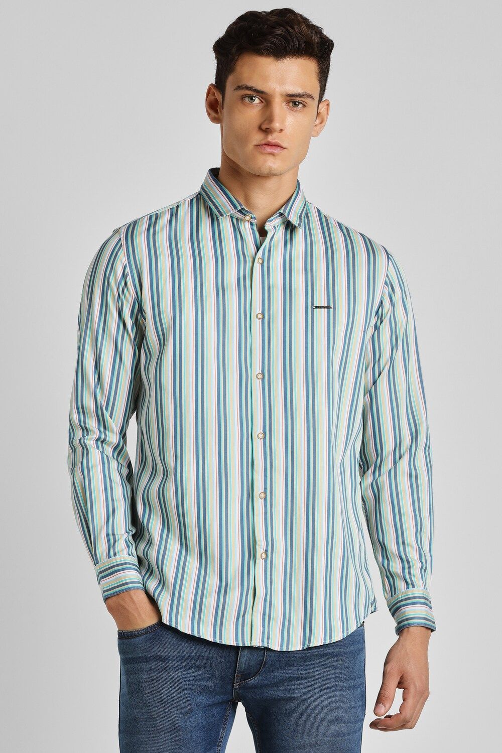 Men Blue Slim Fit Stripe Full Sleeves Casual Shirt