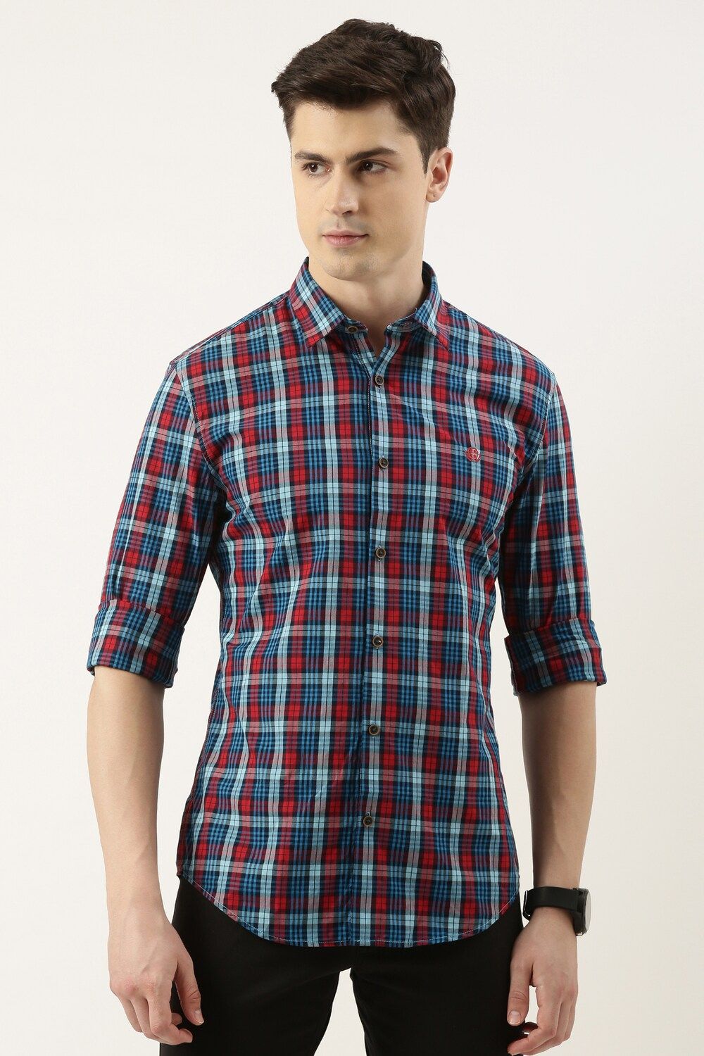 Men Blue Super Slim Fit Check Full Sleeves Casual Shirt
