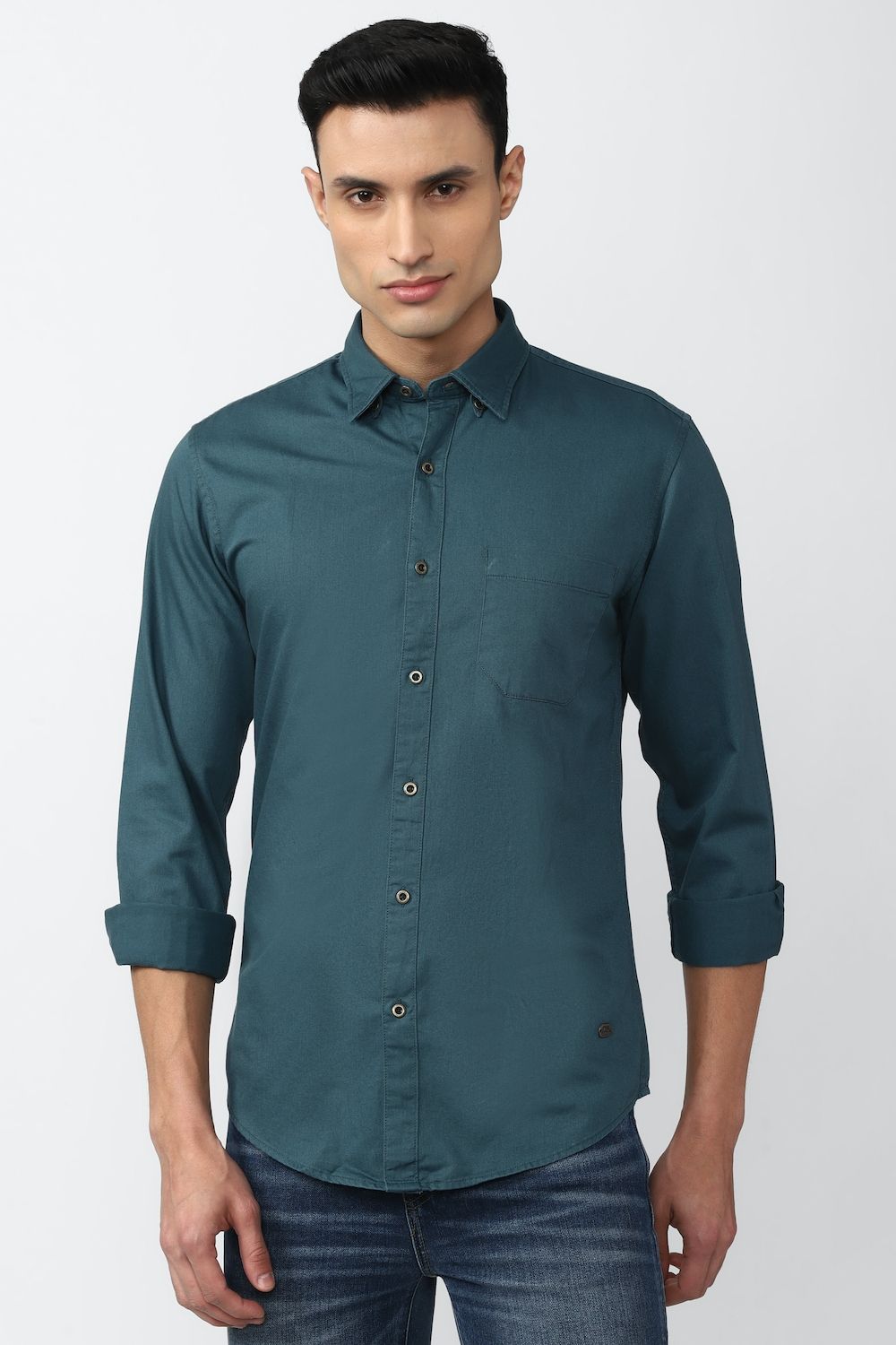Men Green Slim Fit Solid Full Sleeves Casual Shirt