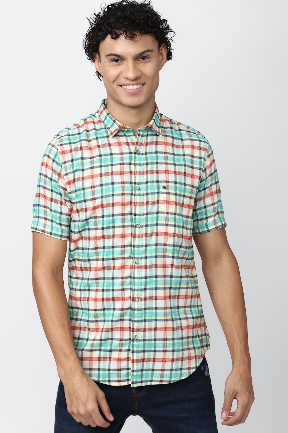 Men Blue Super Slim Fit Check Half Sleeves Casual Shirt