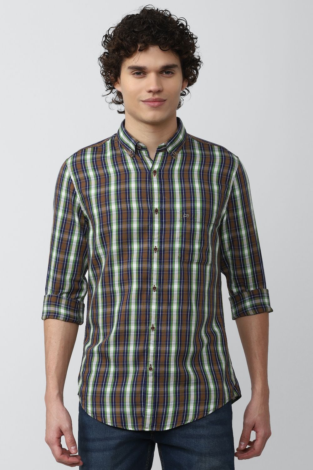 Men Brown Super Slim Fit Check Full Sleeves Casual Shirt