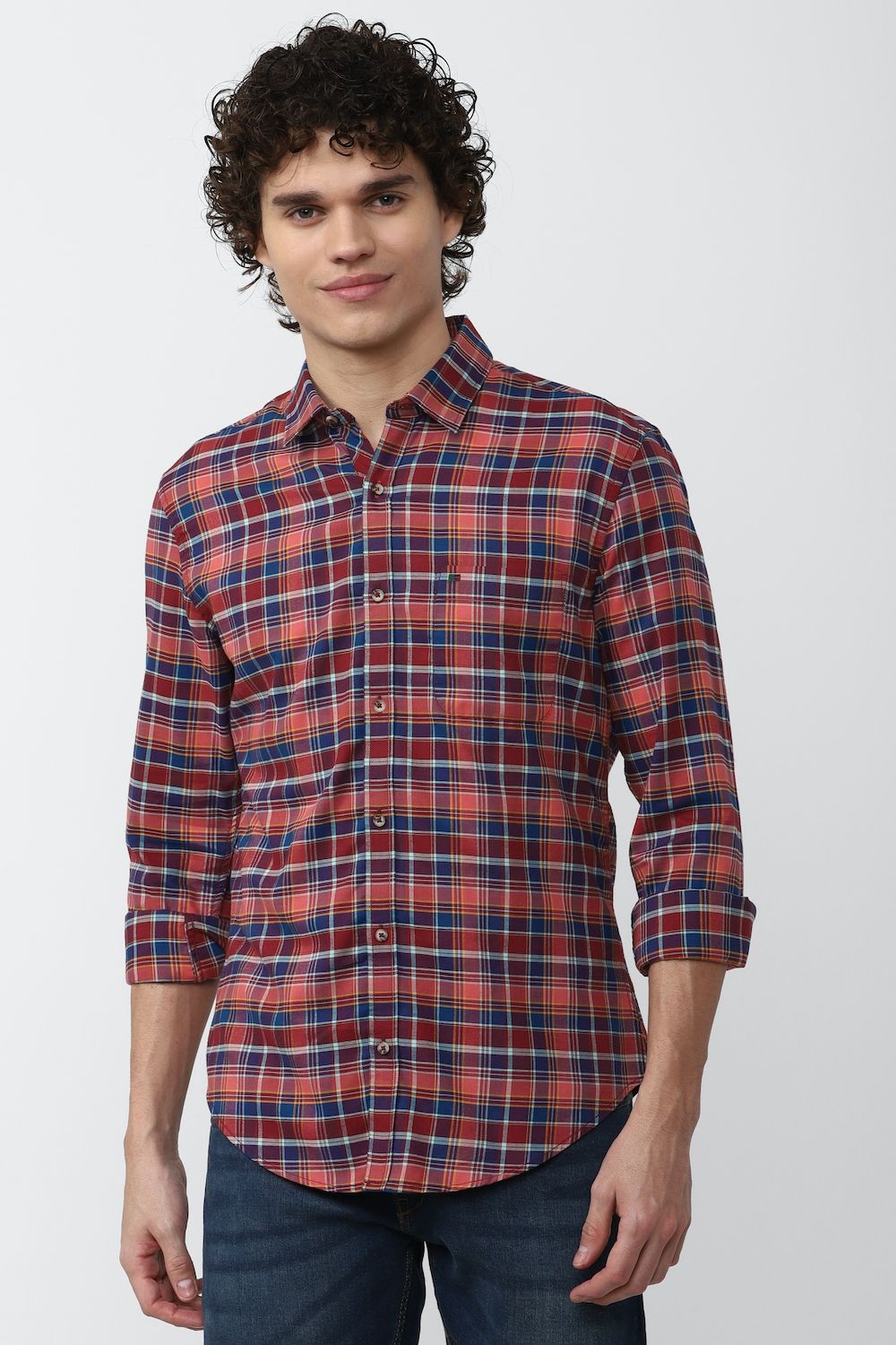 Men Red Super Slim Fit Check Full Sleeves Casual Shirt