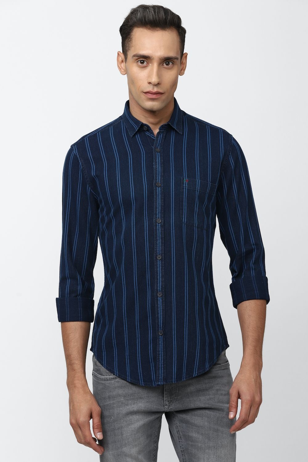Men Navy Super Slim Fit Stripe Full Sleeves Casual Shirt