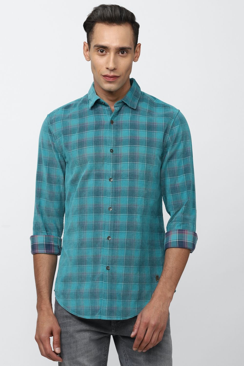 Men Blue Super Slim Fit Check Full Sleeves Casual Shirt