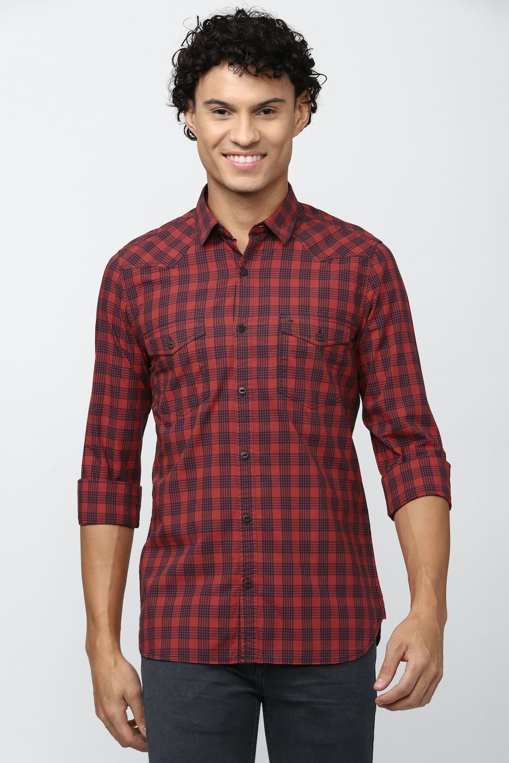 Men Red Super Slim Fit Check Full Sleeves Casual Shirt