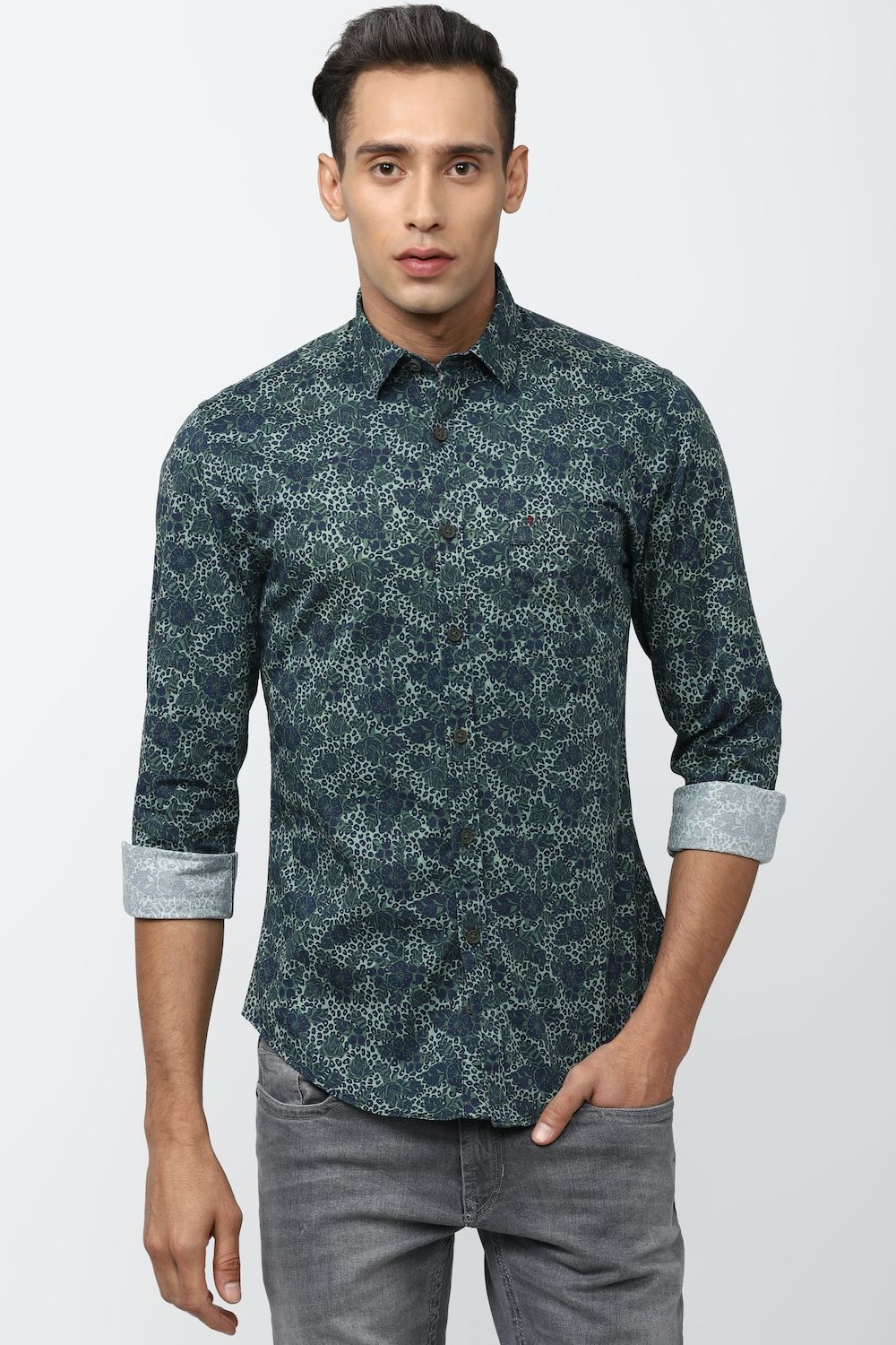 Men Navy Super Slim Fit Print Full Sleeves Casual Shirt
