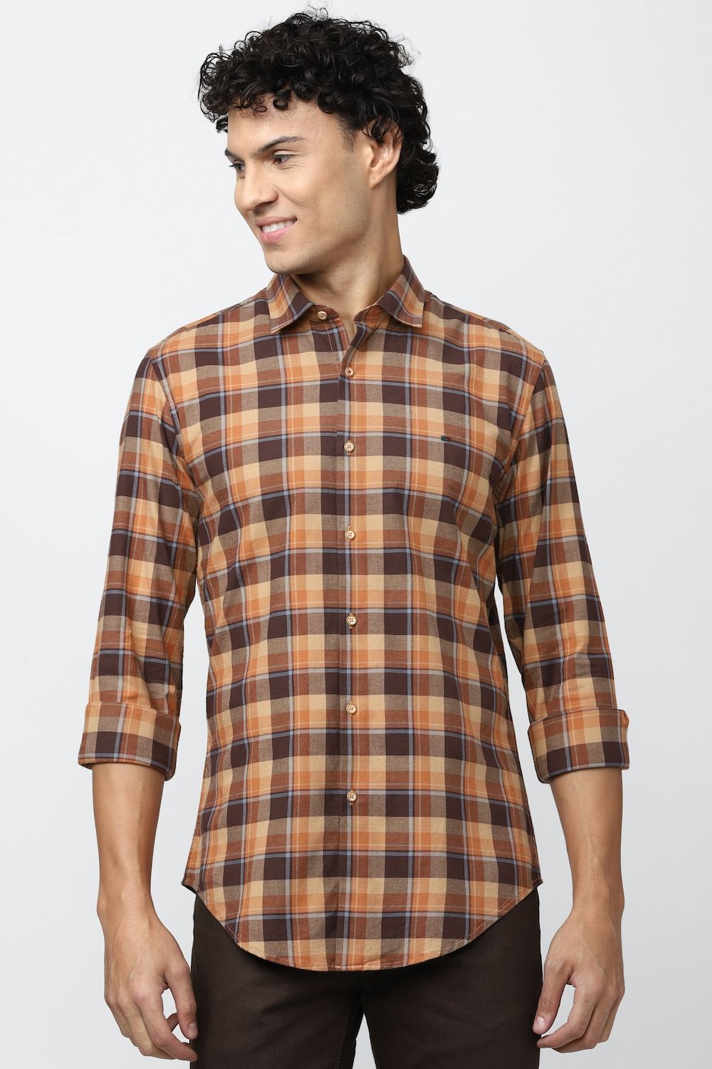 Men Brown Super Slim Fit Check Full Sleeves Casual Shirt