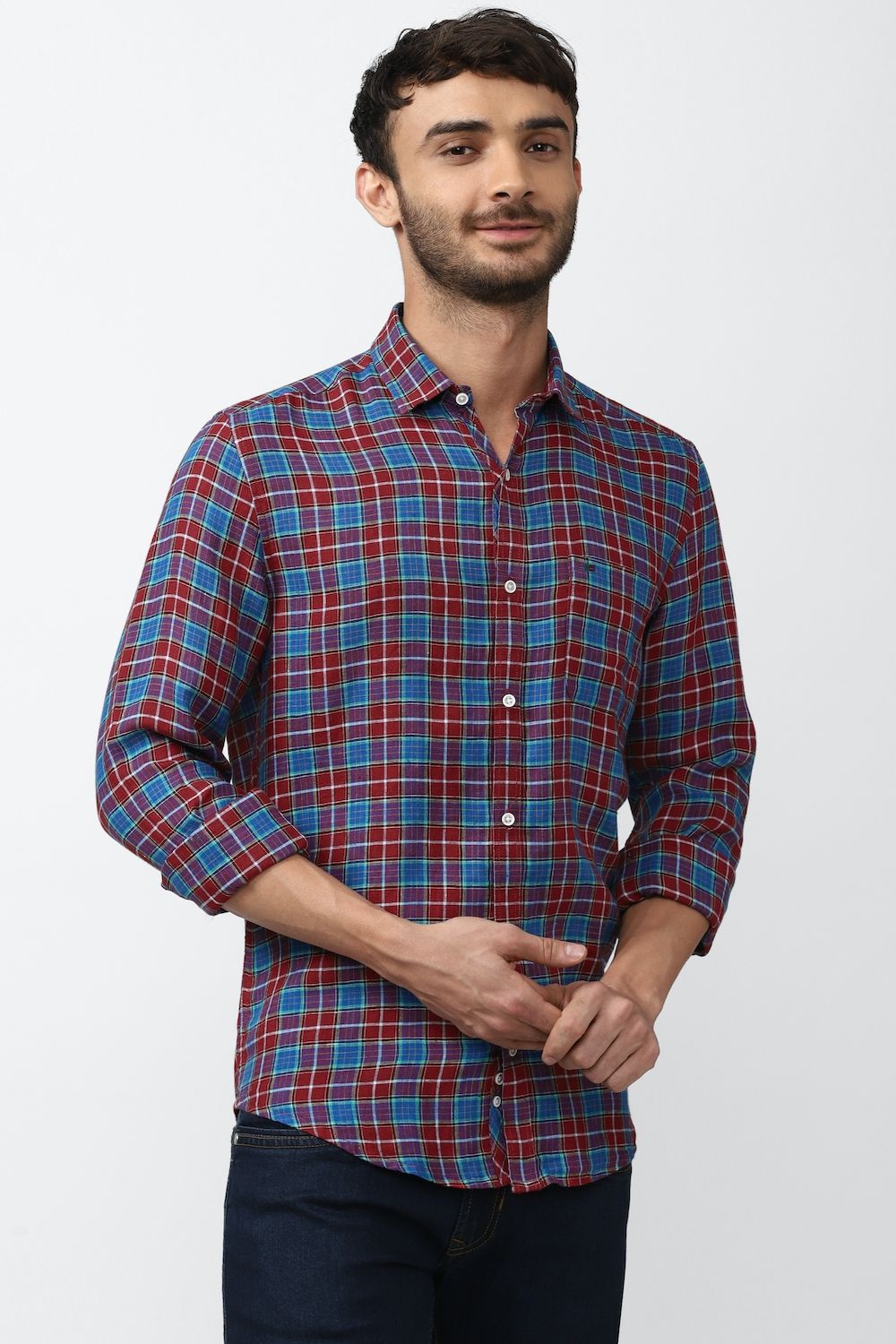 Men Maroon Super Slim Fit Check Full Sleeves Casual Shirt
