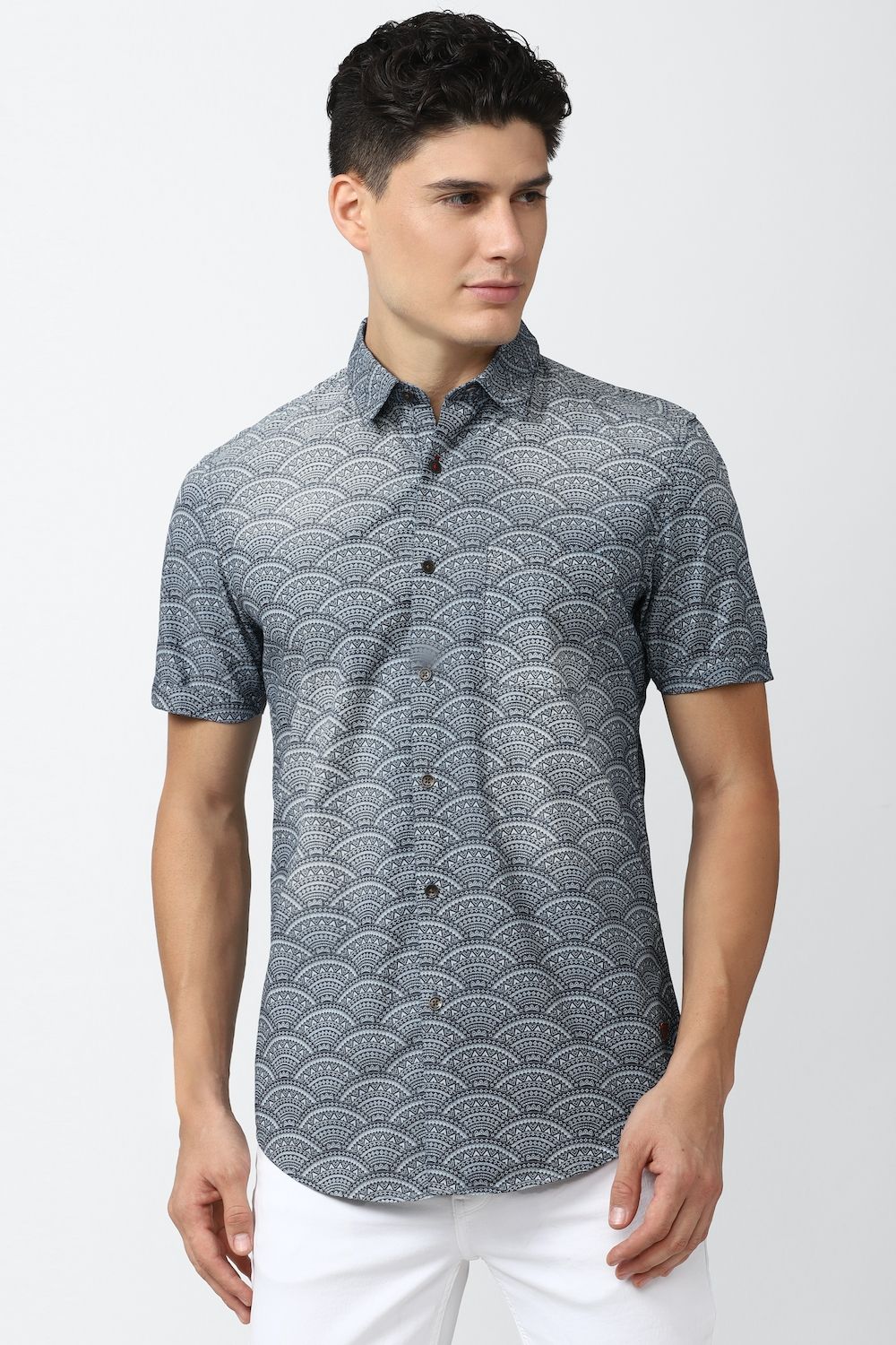 Men Grey Super Slim Fit Print Half Sleeves Casual Shirt