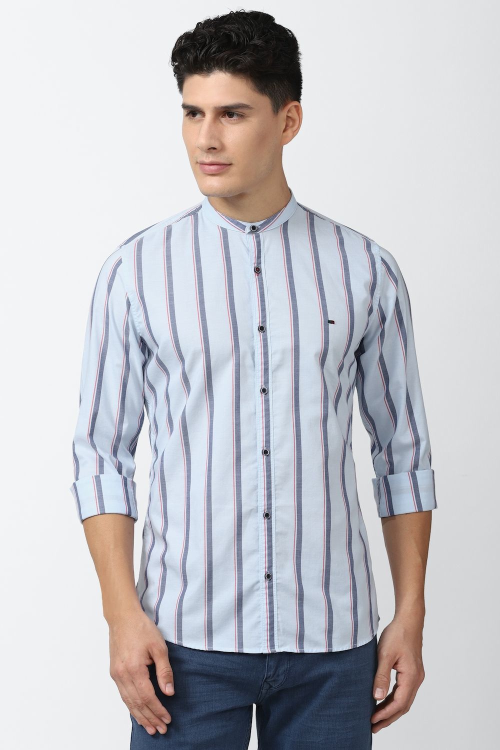 Men Blue Super Slim Fit Stripe Full Sleeves Casual Shirt