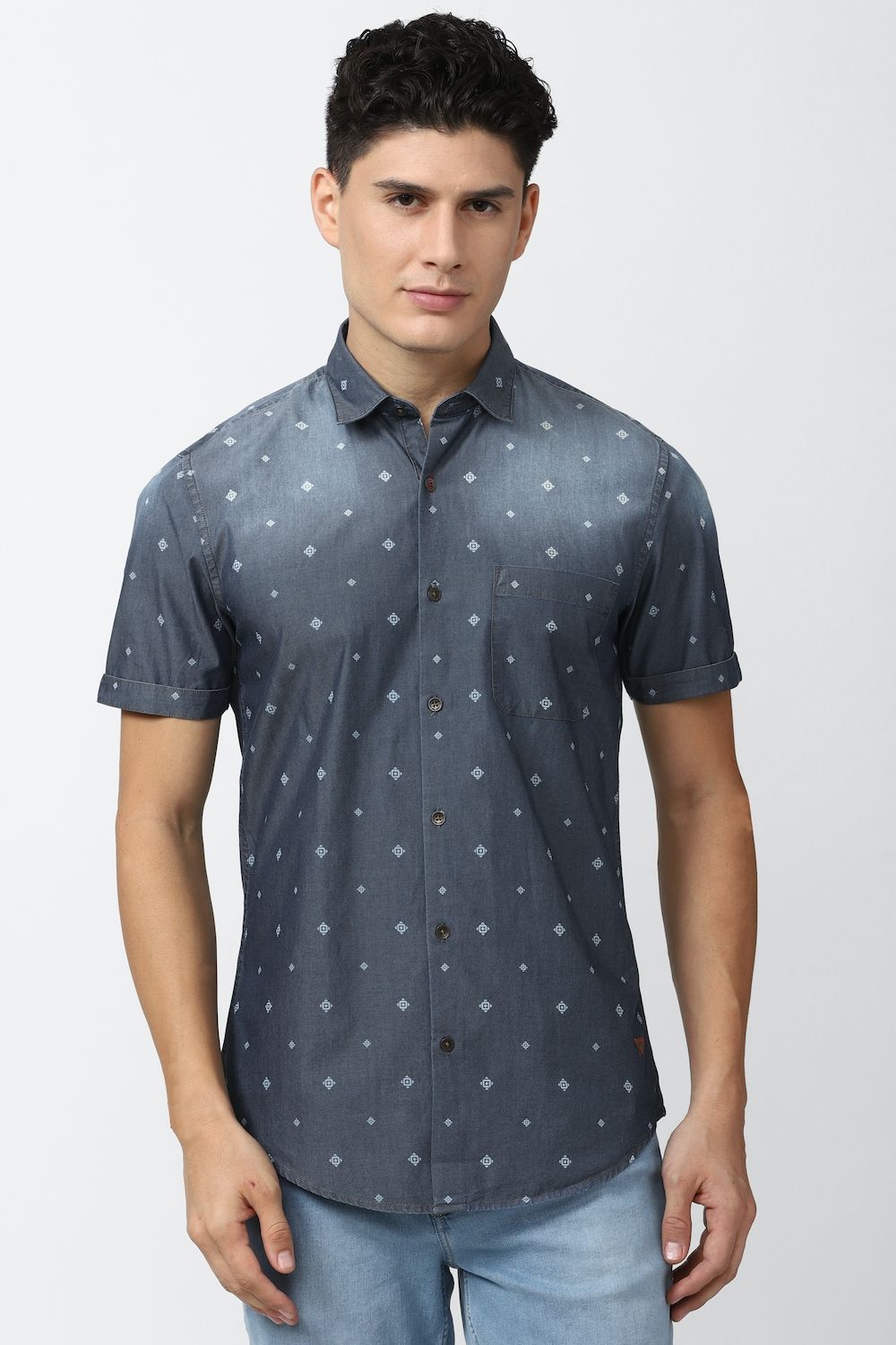 Men Grey Super Slim Fit Print Half Sleeves Casual Shirt