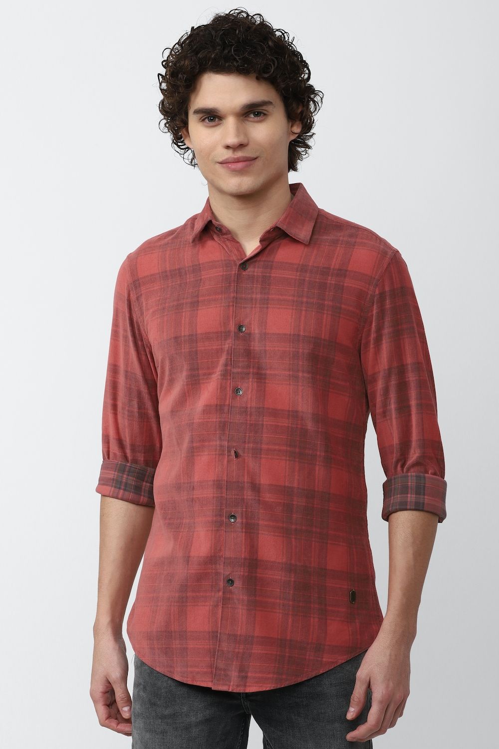 Men Red Super Slim Fit Check Full Sleeves Casual Shirt