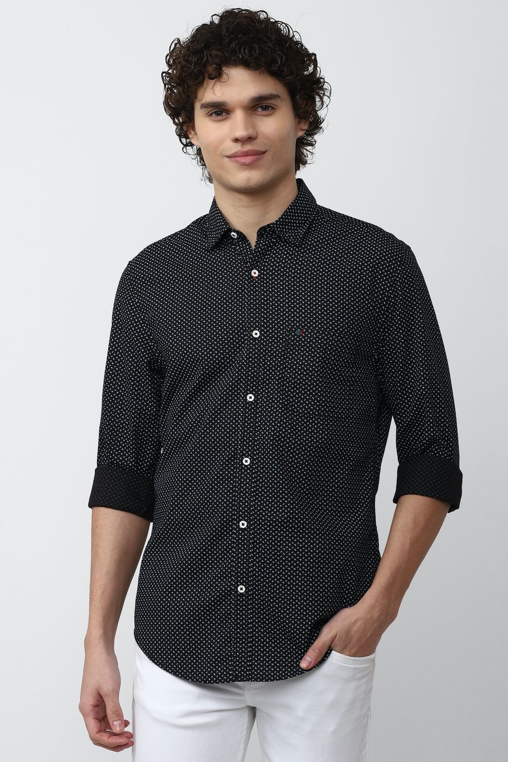 Men Black Super Slim Fit Print Full Sleeves Casual Shirt