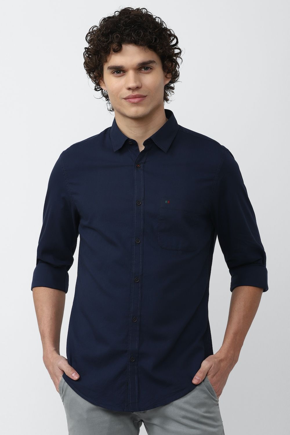 Men Navy Super Slim Fit Solid Full Sleeves Casual Shirt