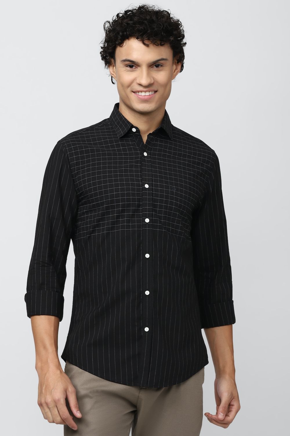 Men Black Super Slim Fit Check Full Sleeves Casual Shirt