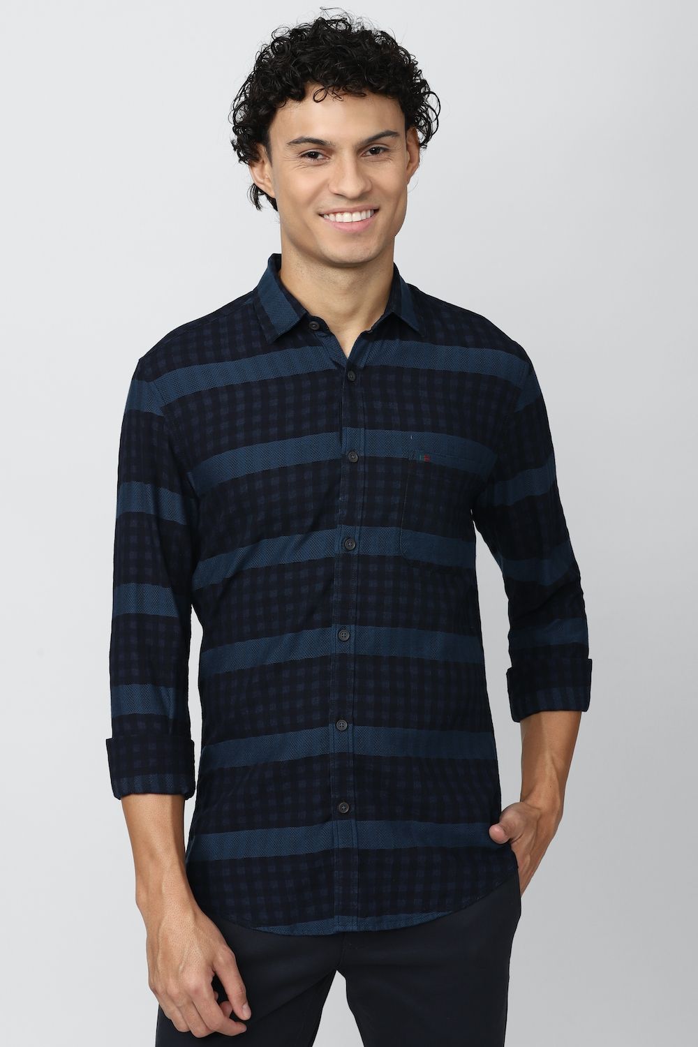 Men Navy Super Slim Fit Check Full Sleeves Casual Shirt