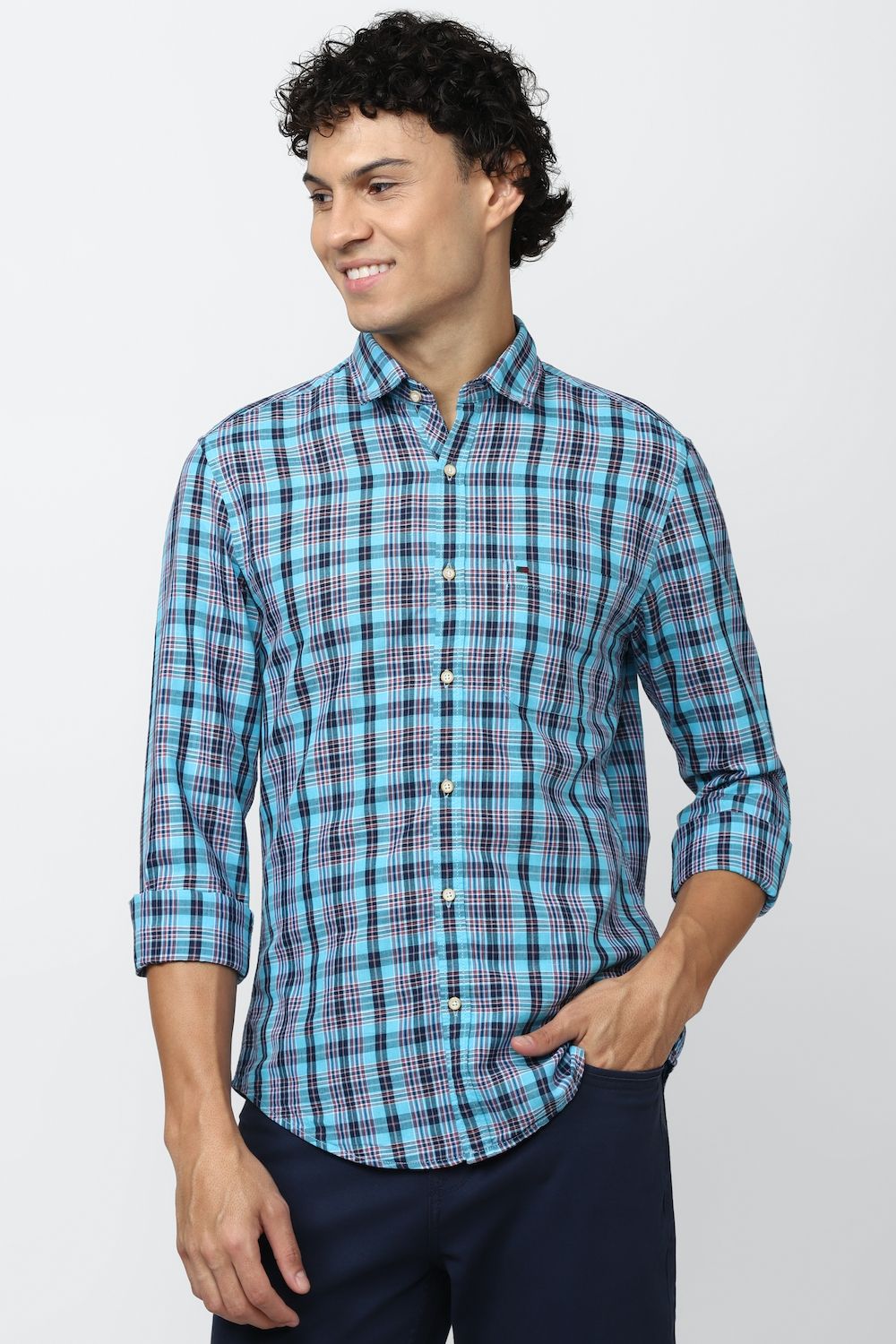 Men Blue Super Slim Fit Check Full Sleeves Casual Shirt