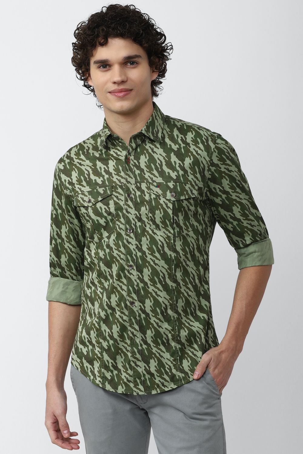 Men Olive Super Slim Fit Print Full Sleeves Casual Shirt