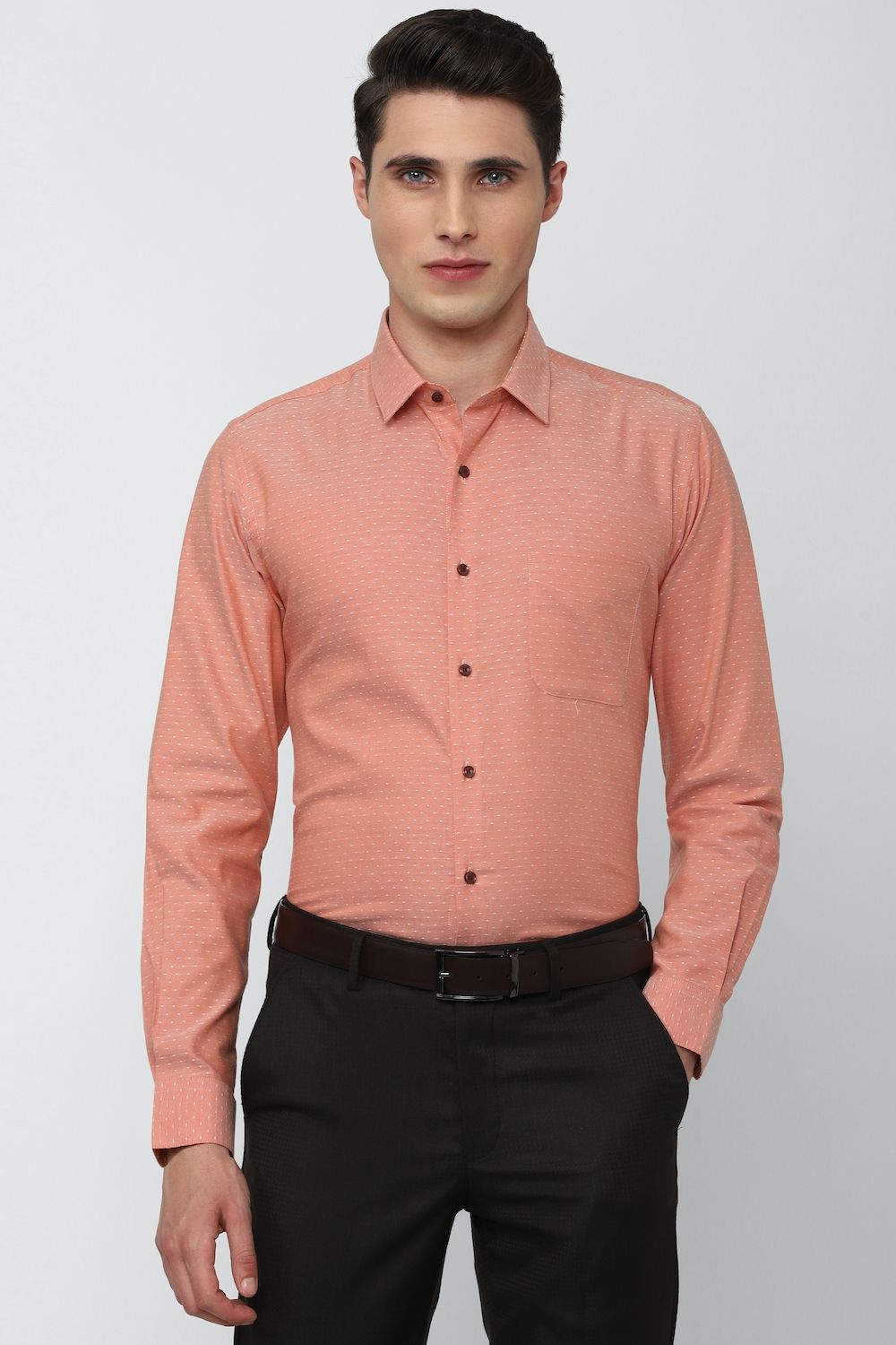 Men Peach Slim Fit Formal Full Sleeves Formal Shirt