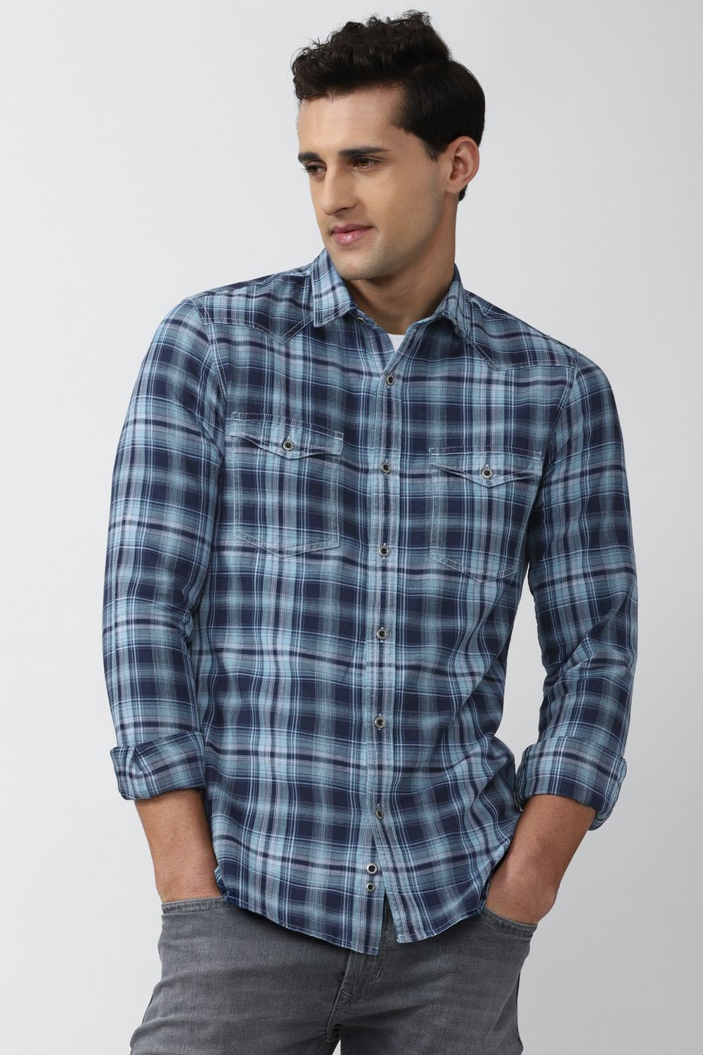 Men Blue Super Slim Fit Check Full Sleeves Casual Shirt