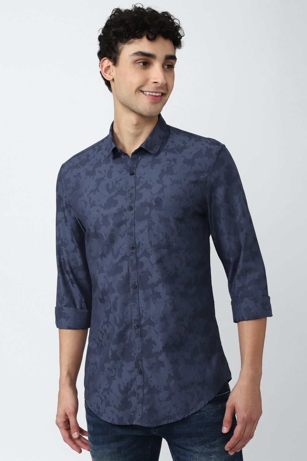 Men Navy Super Slim Fit Print Full Sleeves Casual Shirt