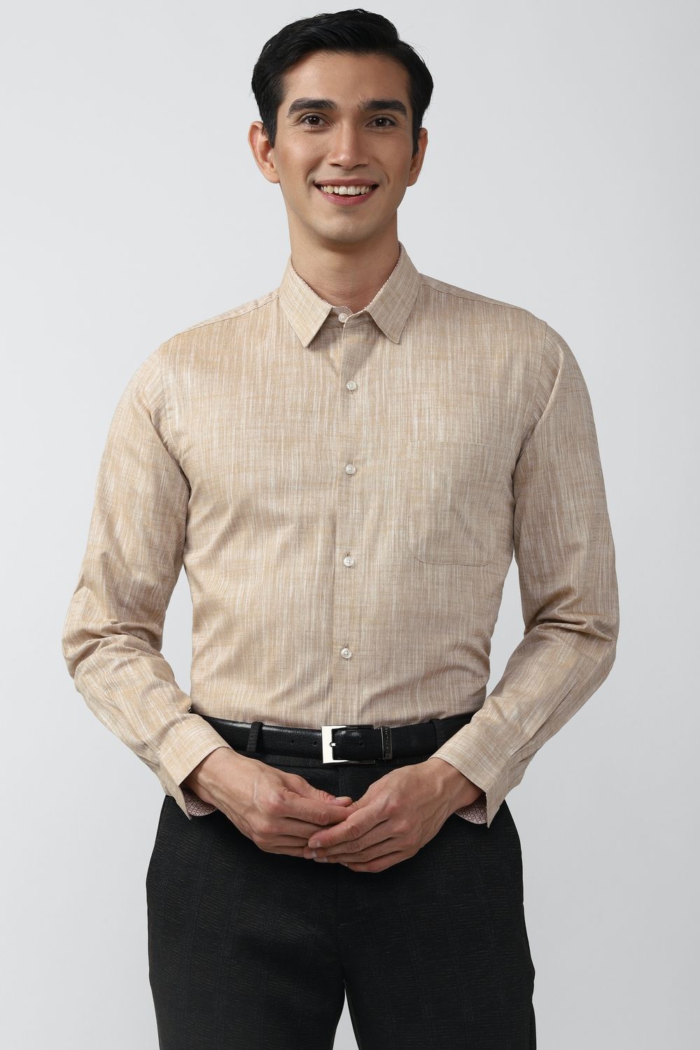 Men Beige Slim Fit Formal Full Sleeves Formal Shirt