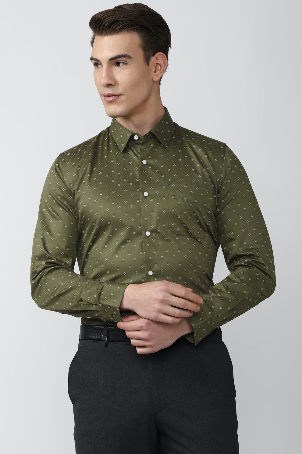 Men Olive Slim Fit Formal Full Sleeves Formal Shirt