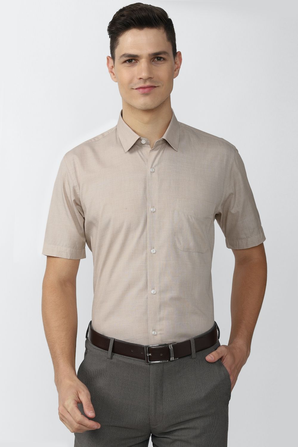 Men Beige Regular Fit Formal Half Sleeves Formal Shirt