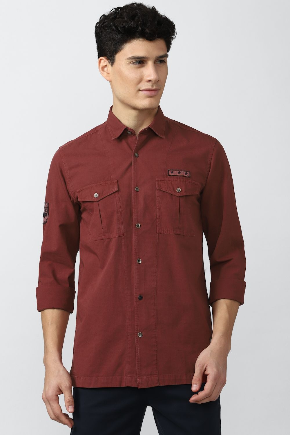 Men Maroon Slim Fit Solid Full Sleeves Casual Shirt
