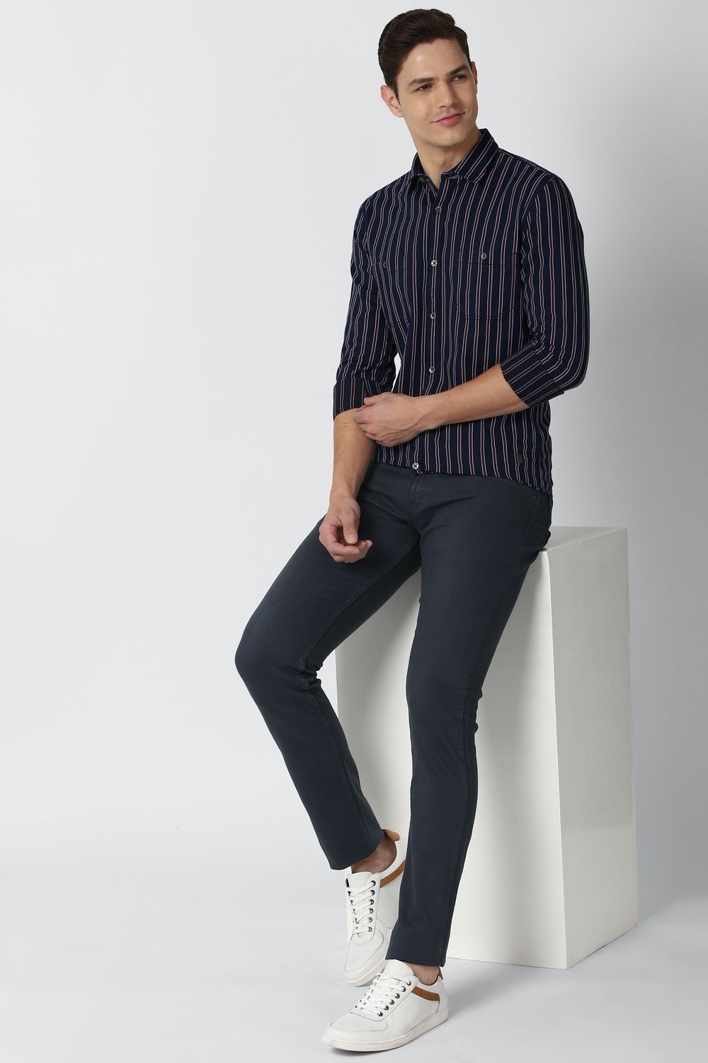 Men Navy Super Slim Fit Stripe Full Sleeves Casual Shirt