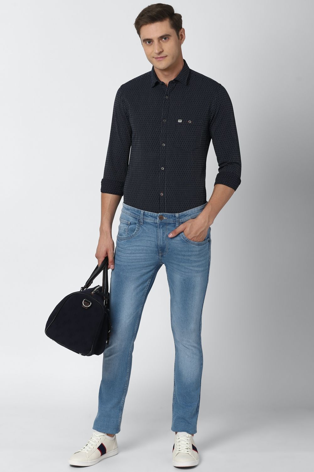 Men Navy Super Slim Fit Stripe Full Sleeves Casual Shirt