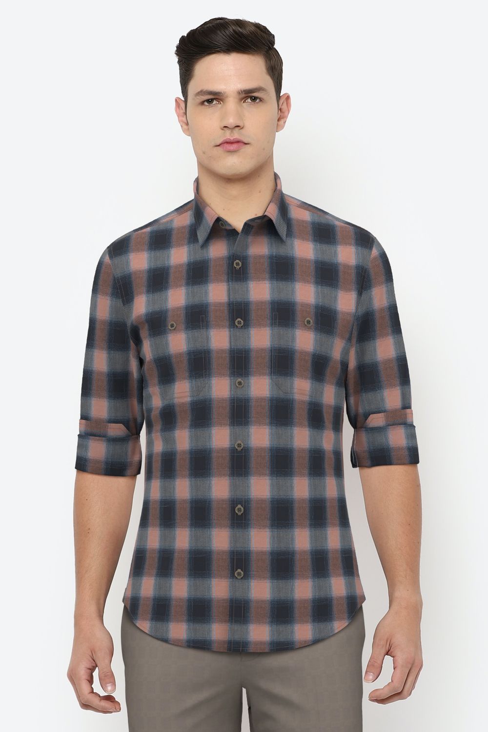Men Peach Super Slim Fit Check Full Sleeves Casual Shirt
