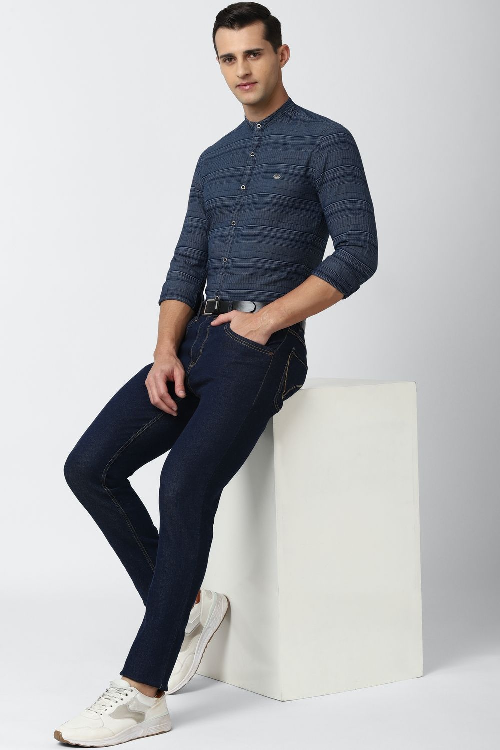 Men Navy Super Slim Fit Stripe Full Sleeves Casual Shirt