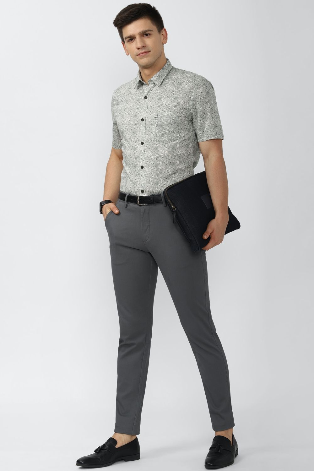 Men Grey Super Slim Fit Print Half Sleeves Casual Shirt