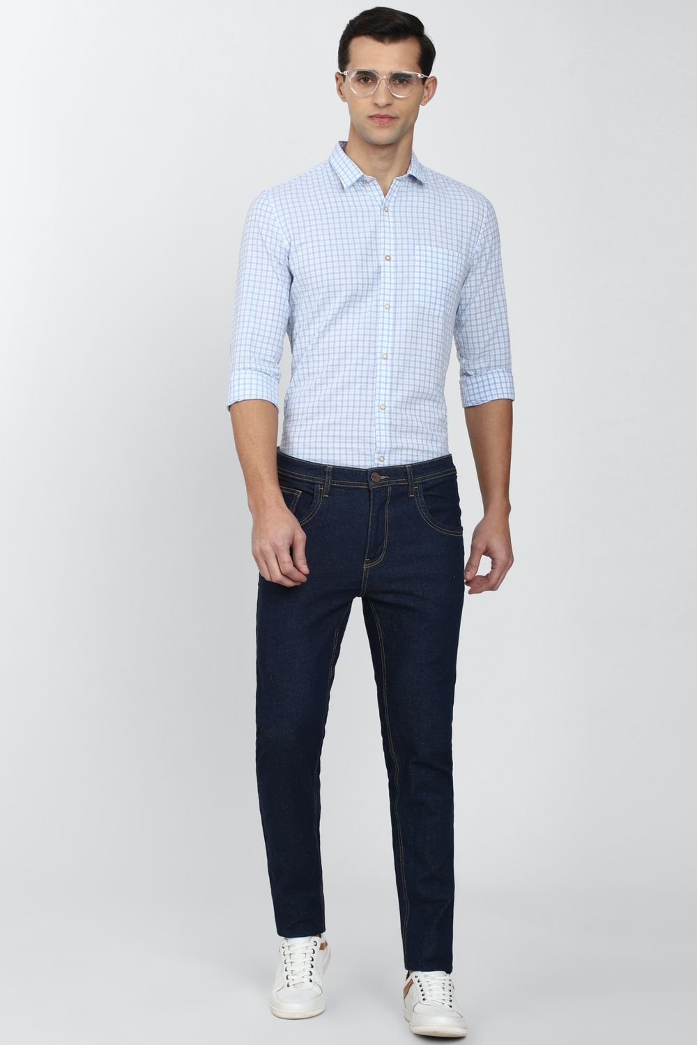 Men Blue Super Slim Fit Check Full Sleeves Casual Shirt