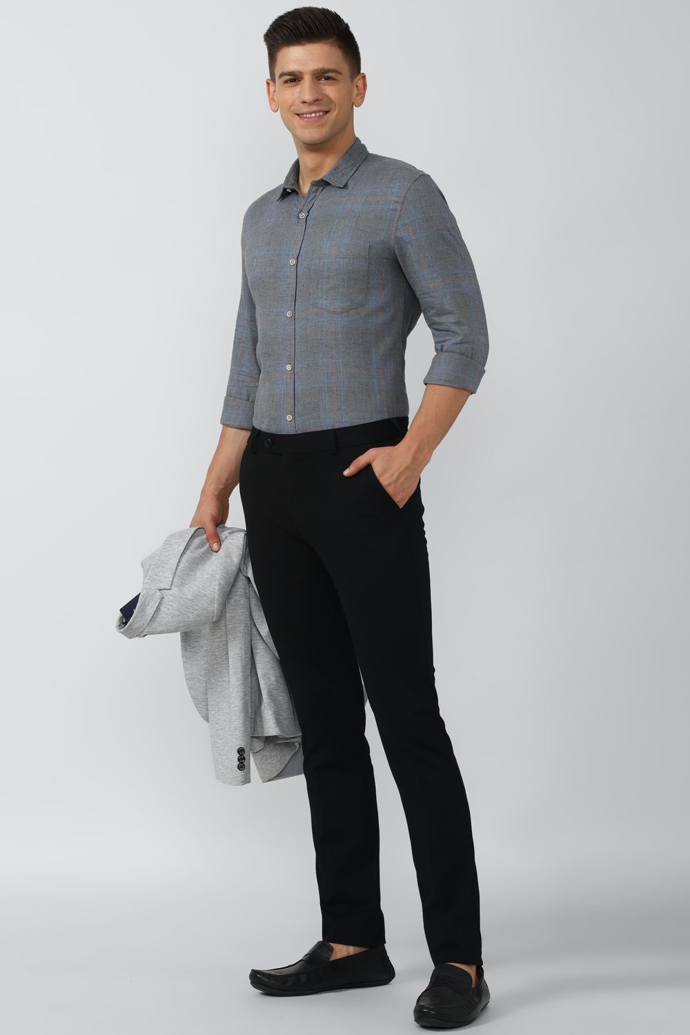Men Grey Super Slim Fit Check Full Sleeves Casual Shirt