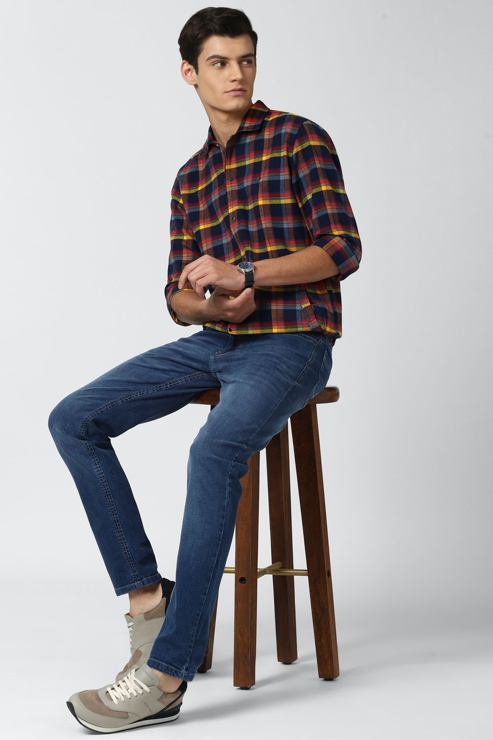 Men Navy Slim Fit Check Full Sleeves Casual Shirt