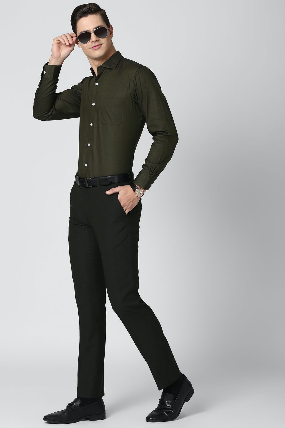 Men Olive Regular Fit Formal Full Sleeves Formal Shirt