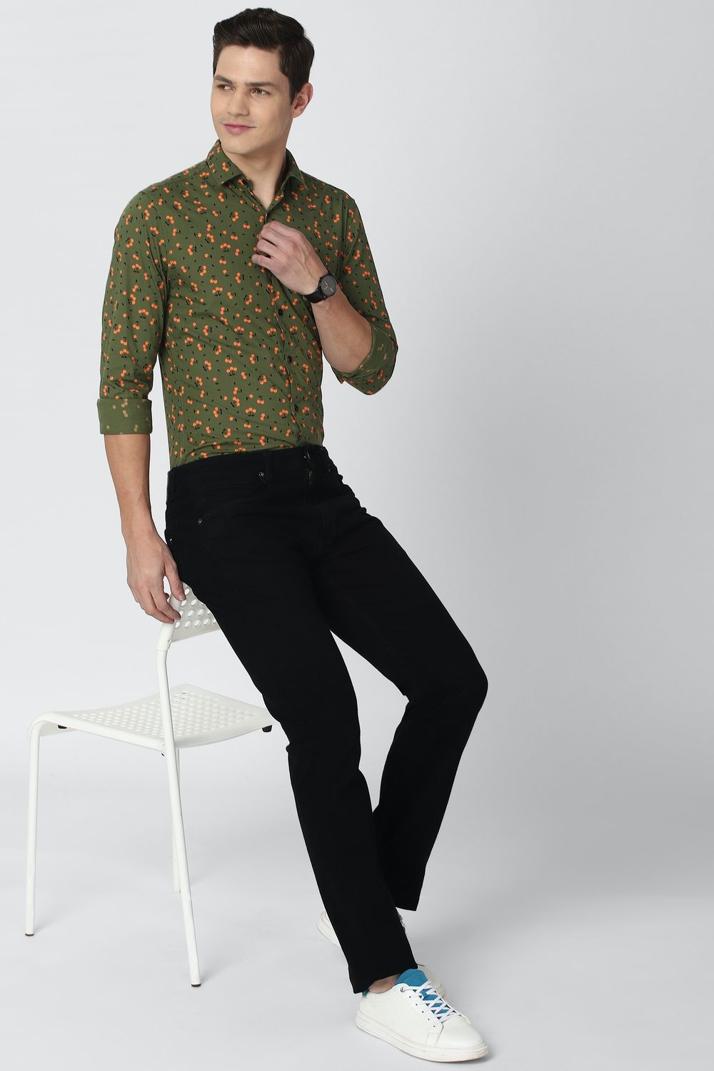 Men Olive Super Slim Fit Print Full Sleeves Casual Shirt