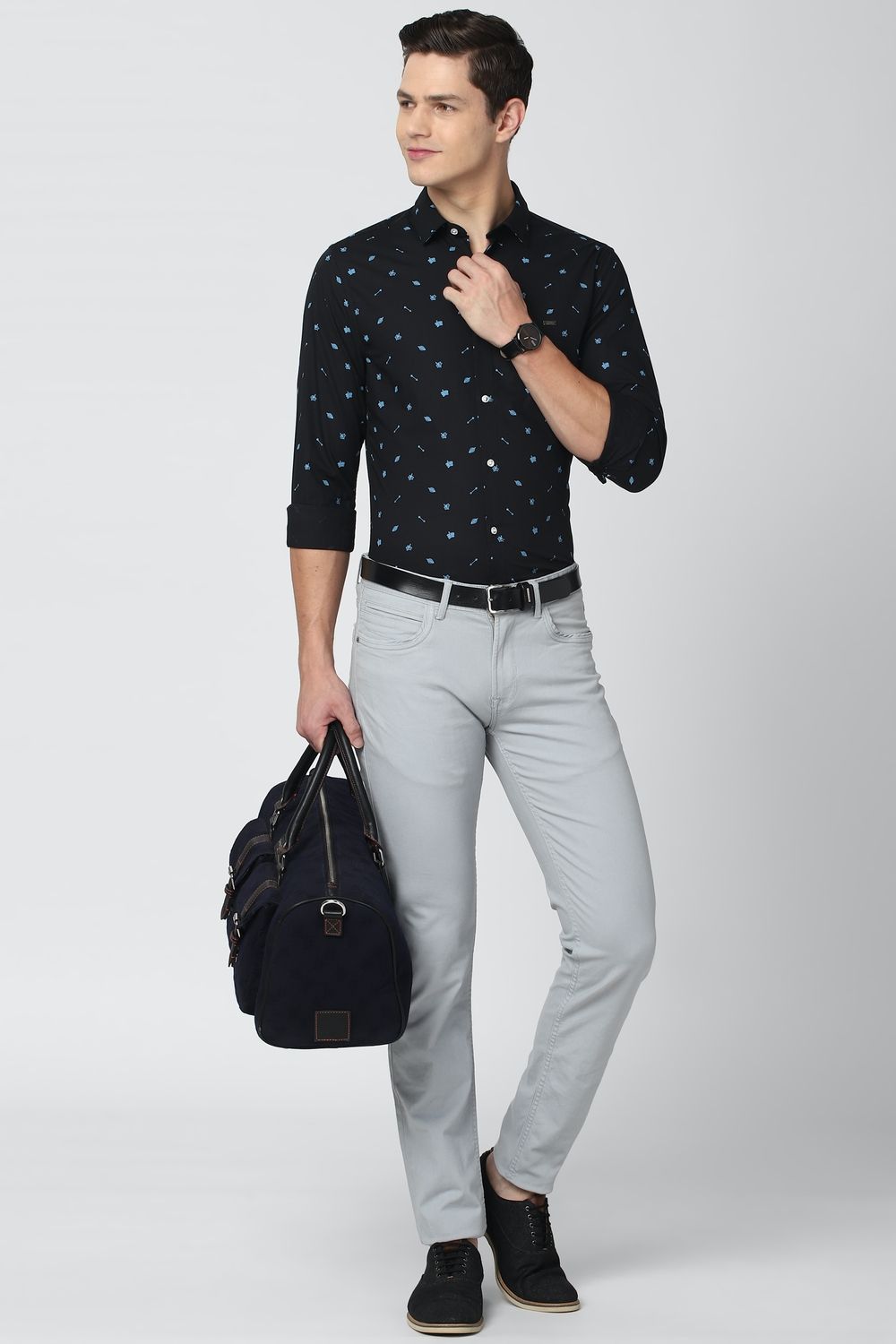 Men Black Super Slim Fit Print Full Sleeves Casual Shirt