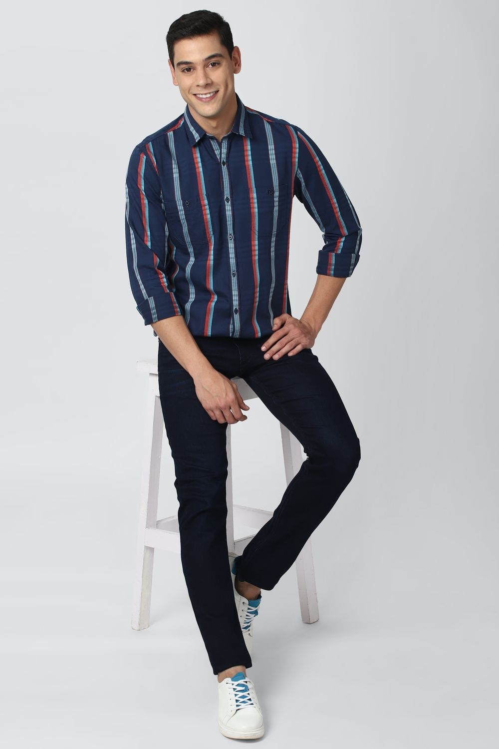 Men Navy Super Slim Fit Stripe Full Sleeves Casual Shirt