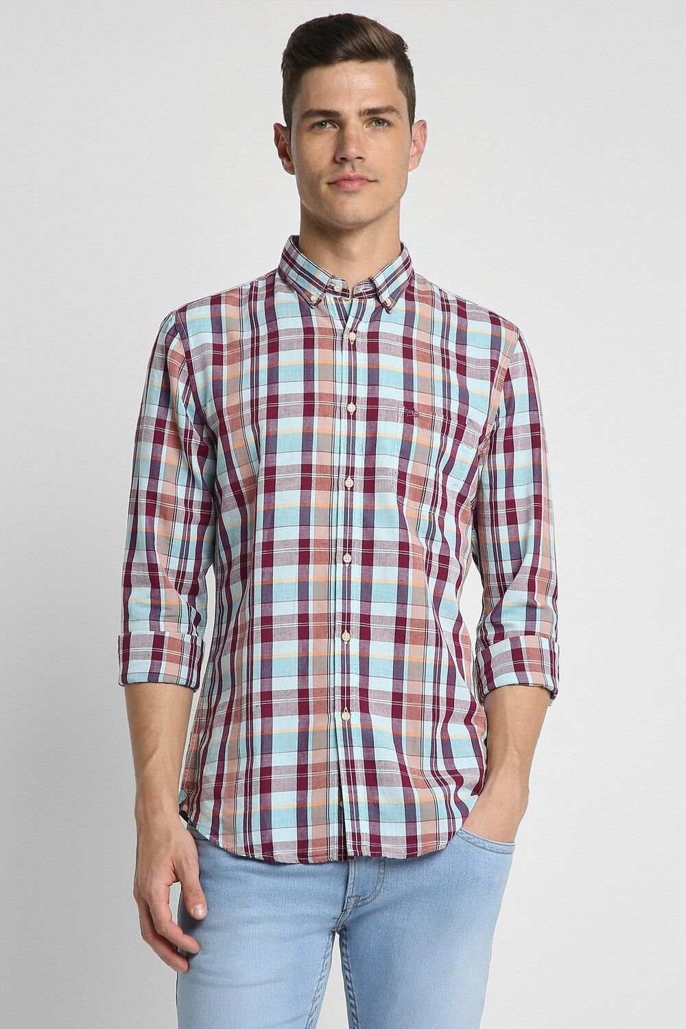 Men Blue Slim Fit Check Full Sleeves Casual Shirt
