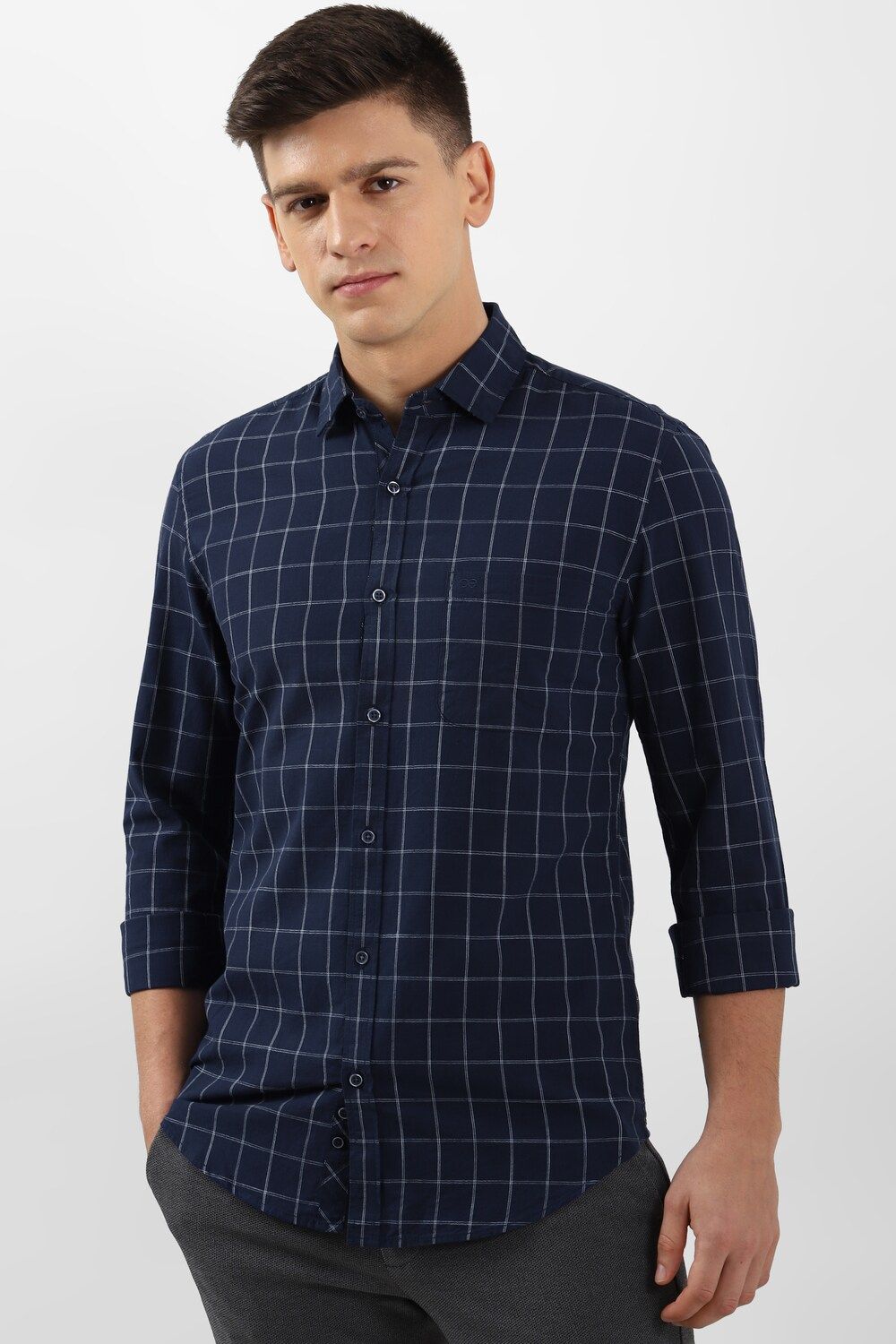 Men Navy Slim Fit Check Full Sleeves Casual Shirt