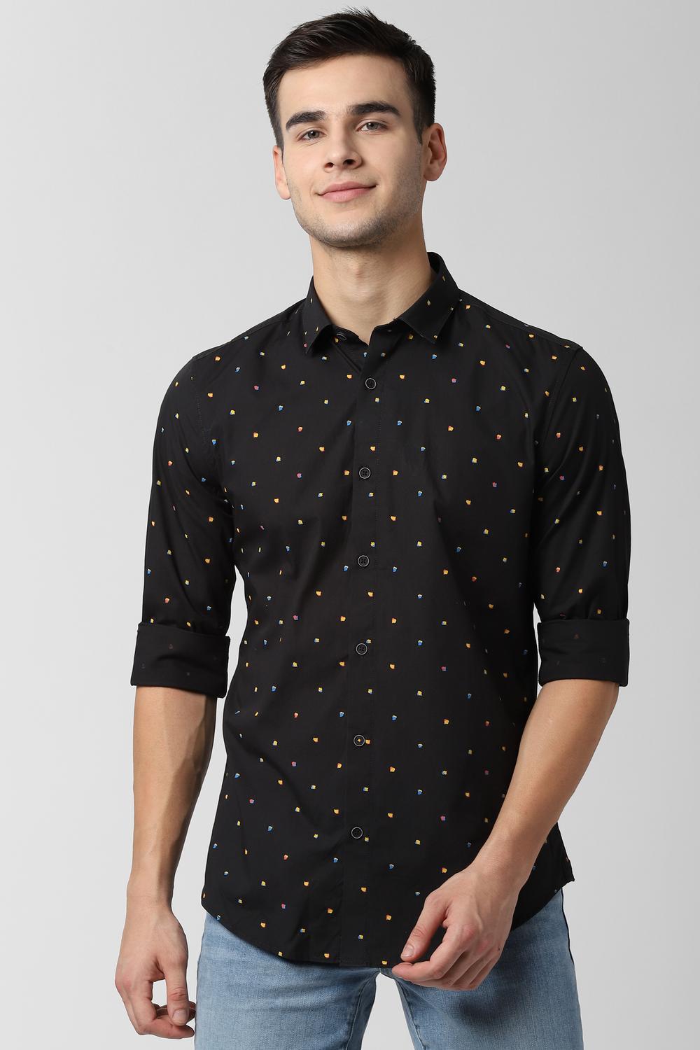 Men Black Super Slim Fit Print Full Sleeves Casual Shirt