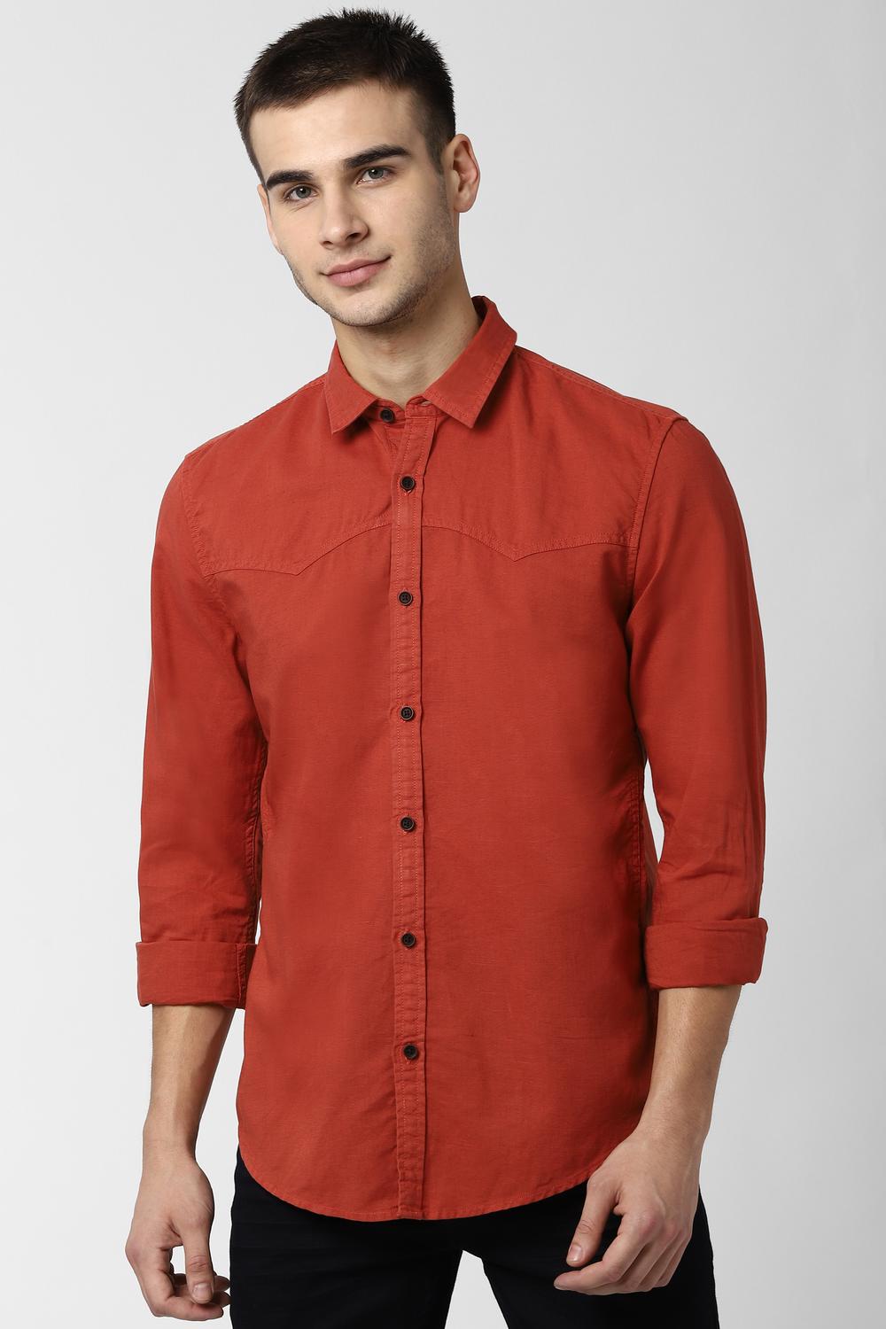 Men Orange Super Slim Fit Solid Full Sleeves Casual Shirt