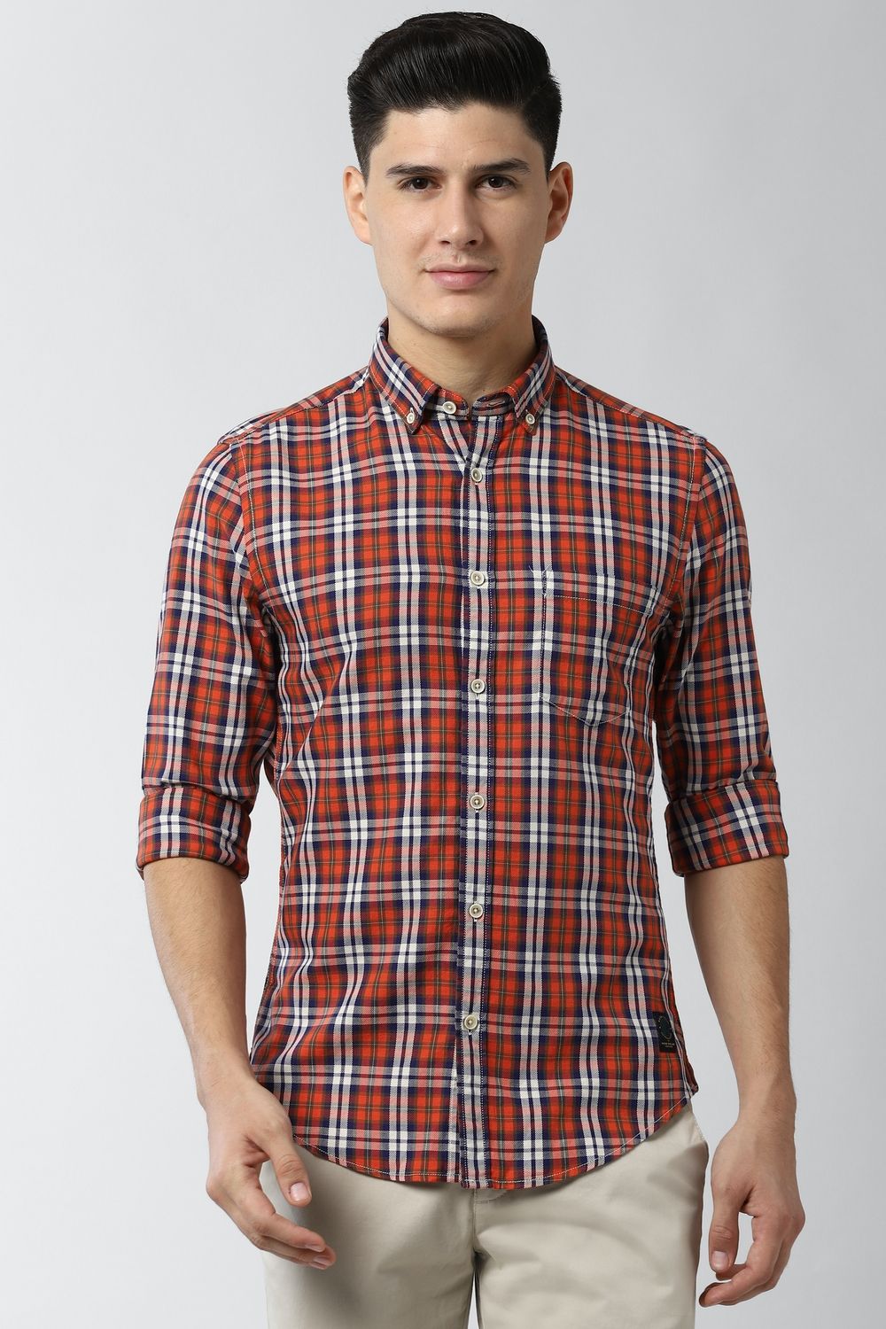 Men Orange Super Slim Fit Check Full Sleeves Casual Shirt